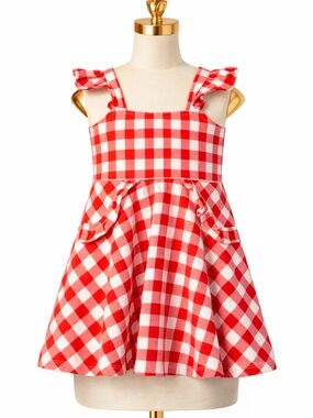 Janie & Jack Red Gingham Dress Size 3 Toddler Summer Picnic Ruffle Strap Twirl